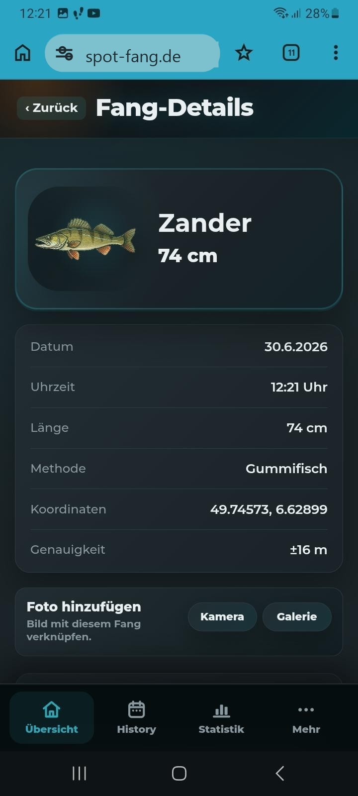 Spot & Fang Fangdetails mit Fischart, Länge, Methode und Fangzeit