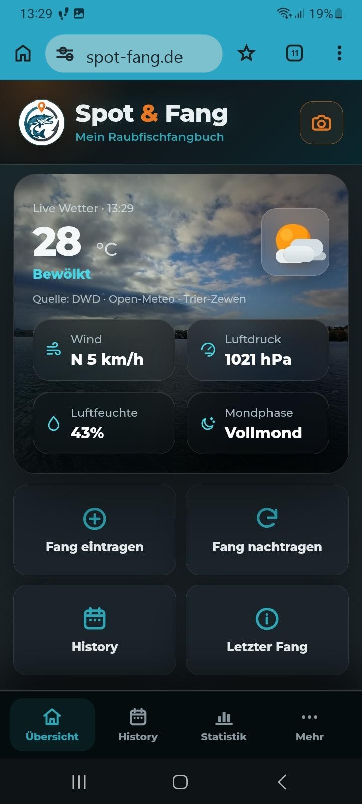 Spot & Fang Startseite mit Live-Wetter und Schnellzugriffen